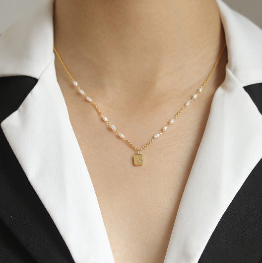 Brass Gold Plated Pearl Zircon Necklace