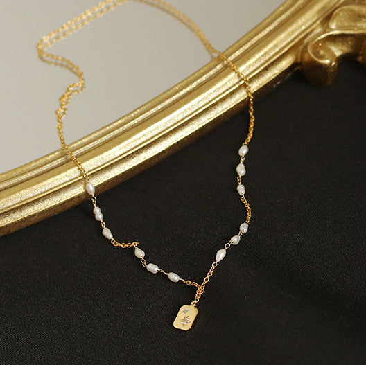 Brass Gold Plated Pearl Zircon Necklace