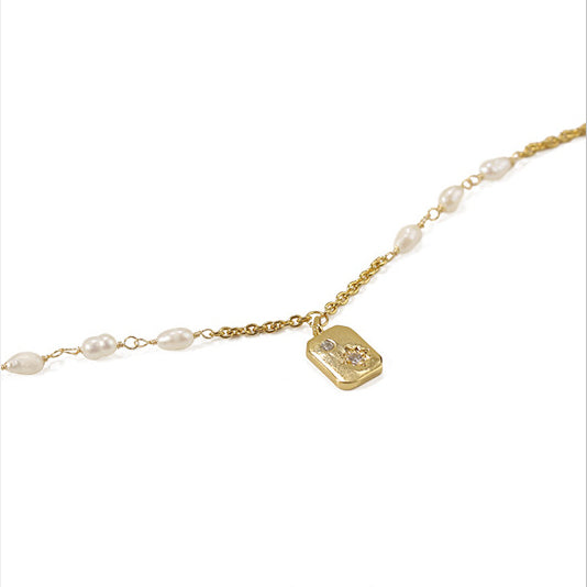 Brass Gold Plated Pearl Zircon Necklace